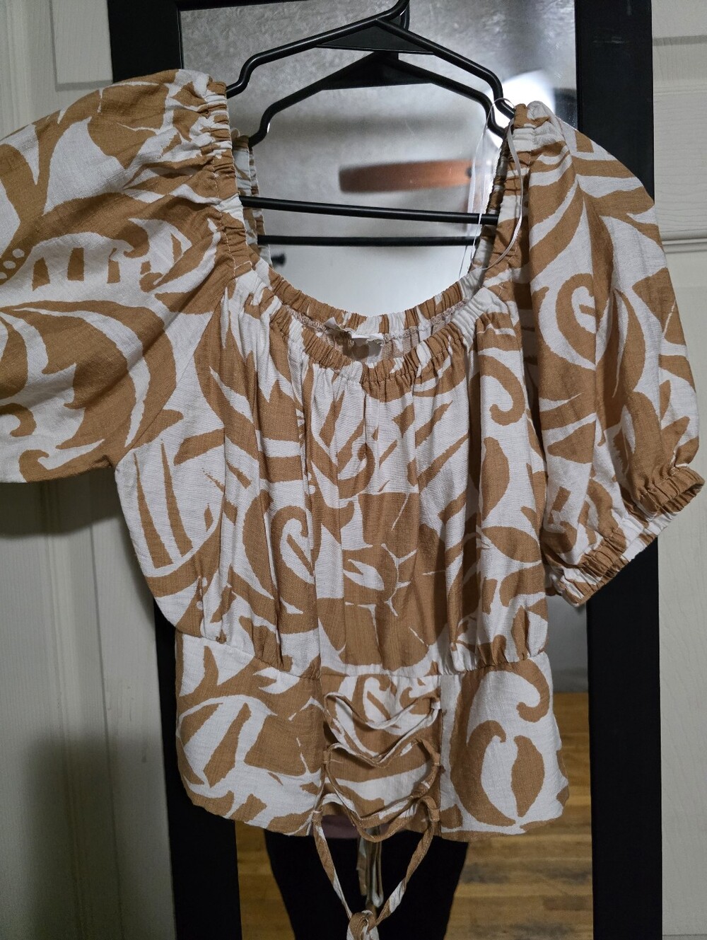 Womens Light Brown & White Peasant Blouse with Tie Front